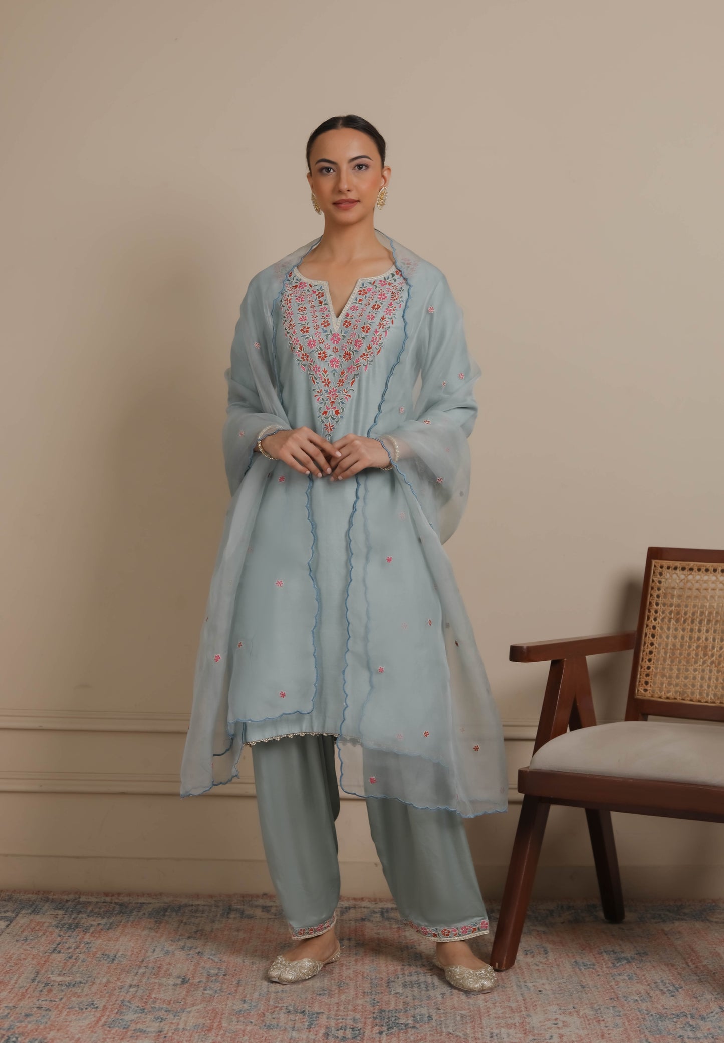 Ice Blue Neck Embroidered Kurta & Salwar set