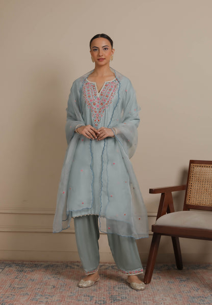 Ice Blue Neck Embroidered Kurta & Salwar set