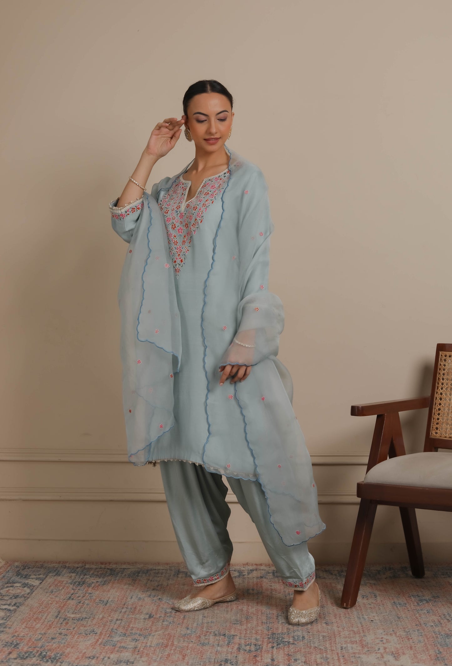 Ice Blue Neck Embroidered Kurta & Salwar set