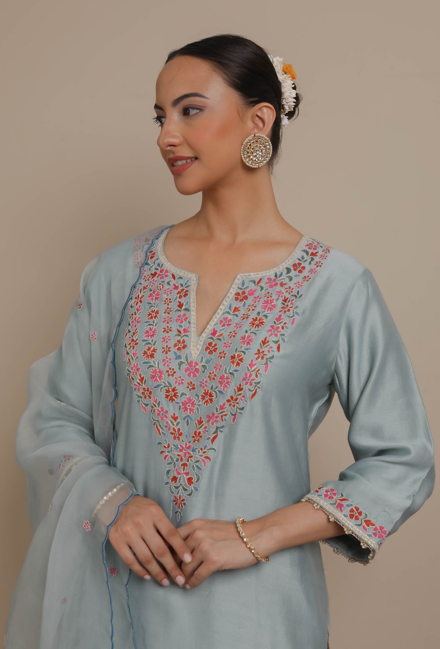 Ice Blue Neck Embroidered Kurta & Salwar set