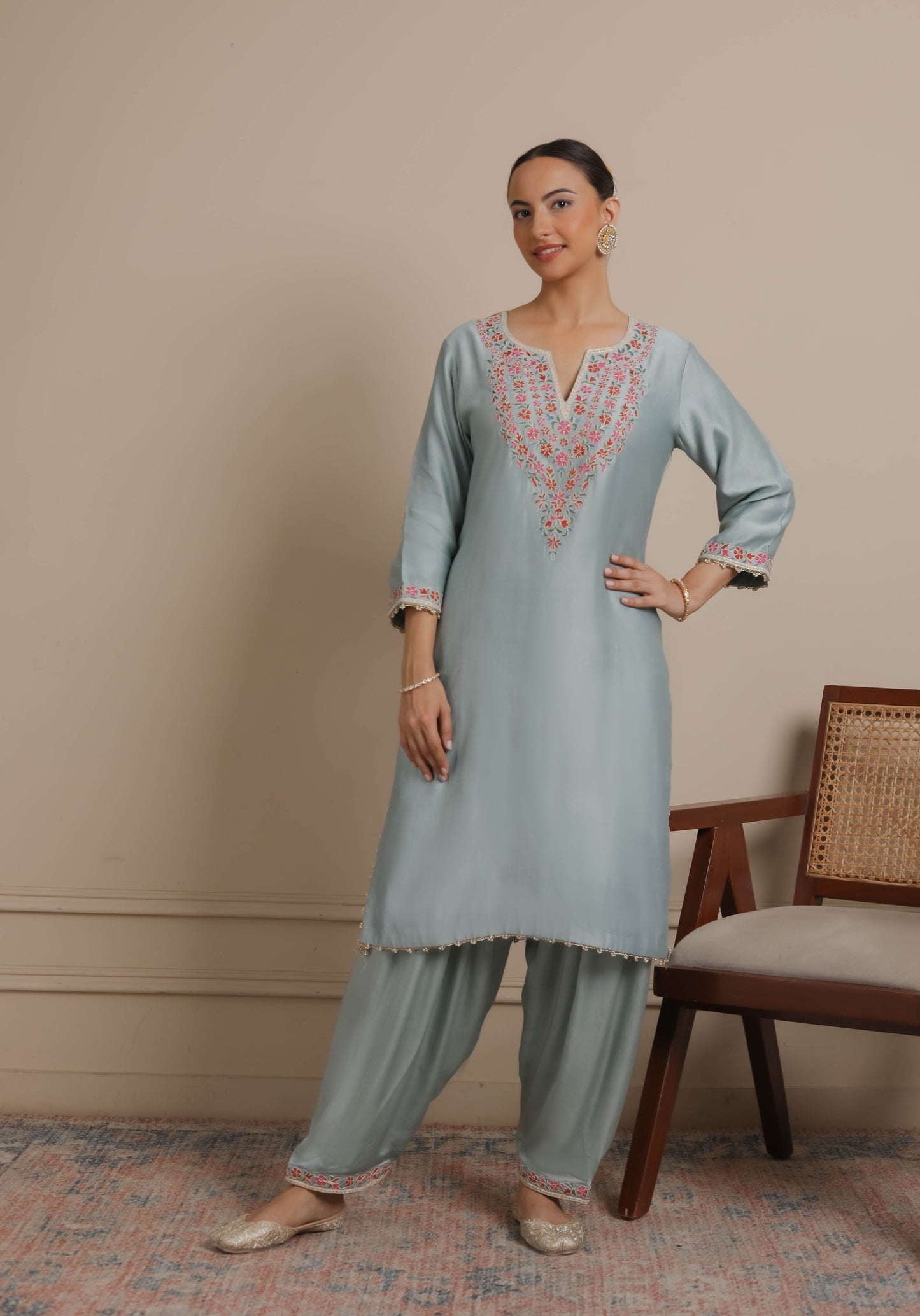 Ice Blue Neck Embroidered Kurta & Salwar set