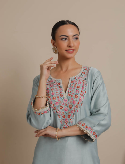 Ice Blue Neck Embroidered Kurta & Salwar set