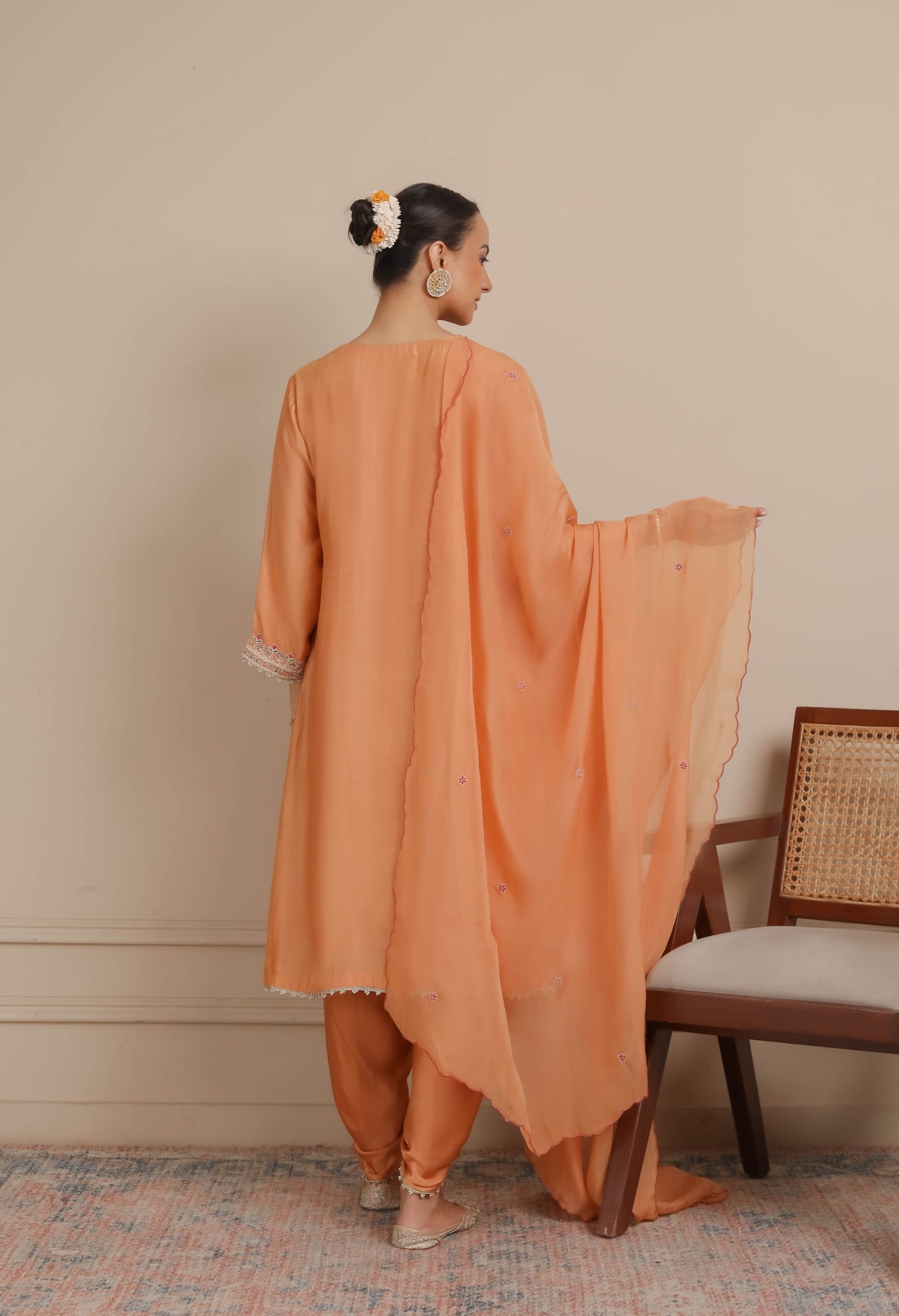 Orange Embroidered A-Line Kurta & Dhoti Set