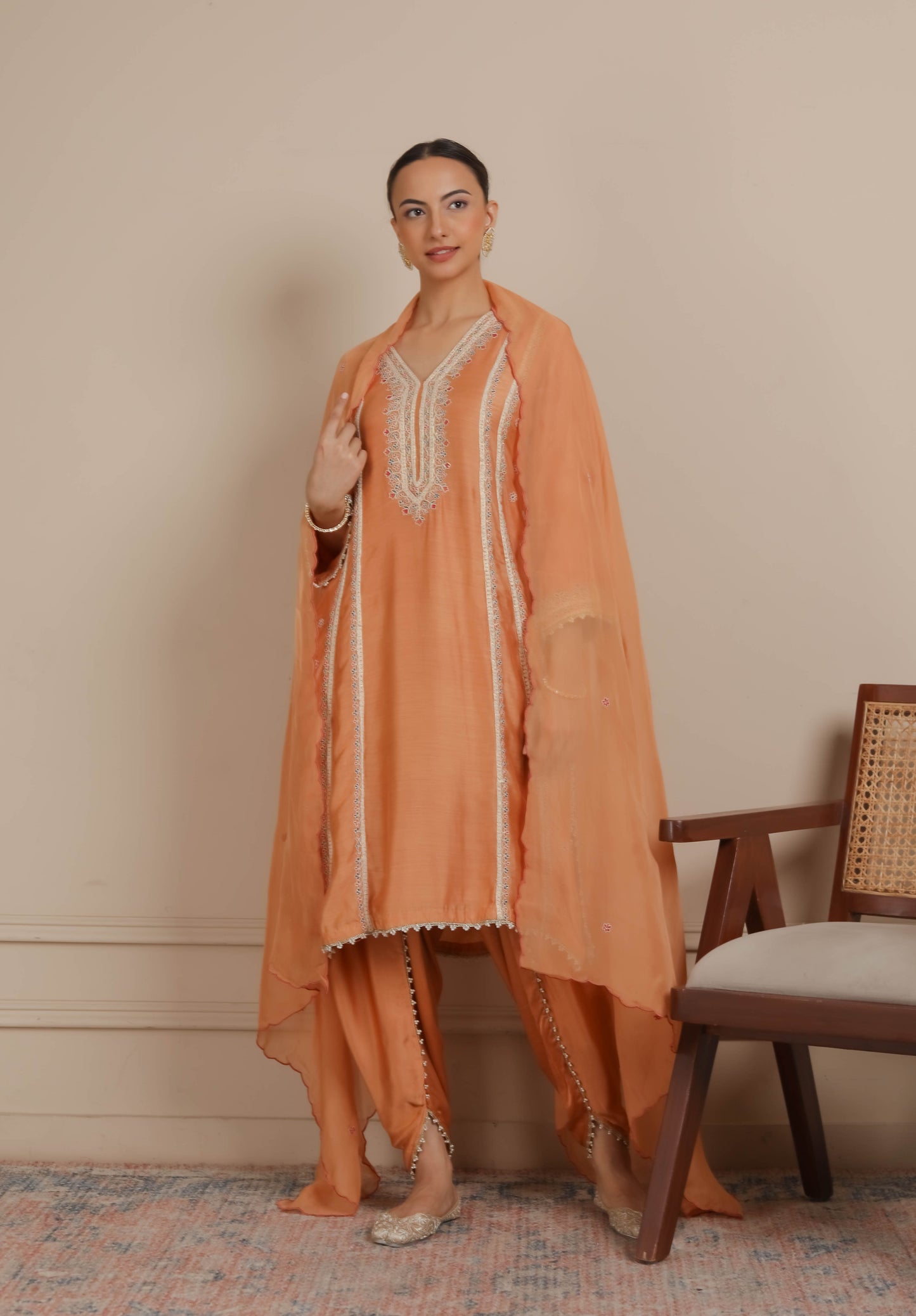 Orange Embroidered A-Line Kurta & Dhoti Set