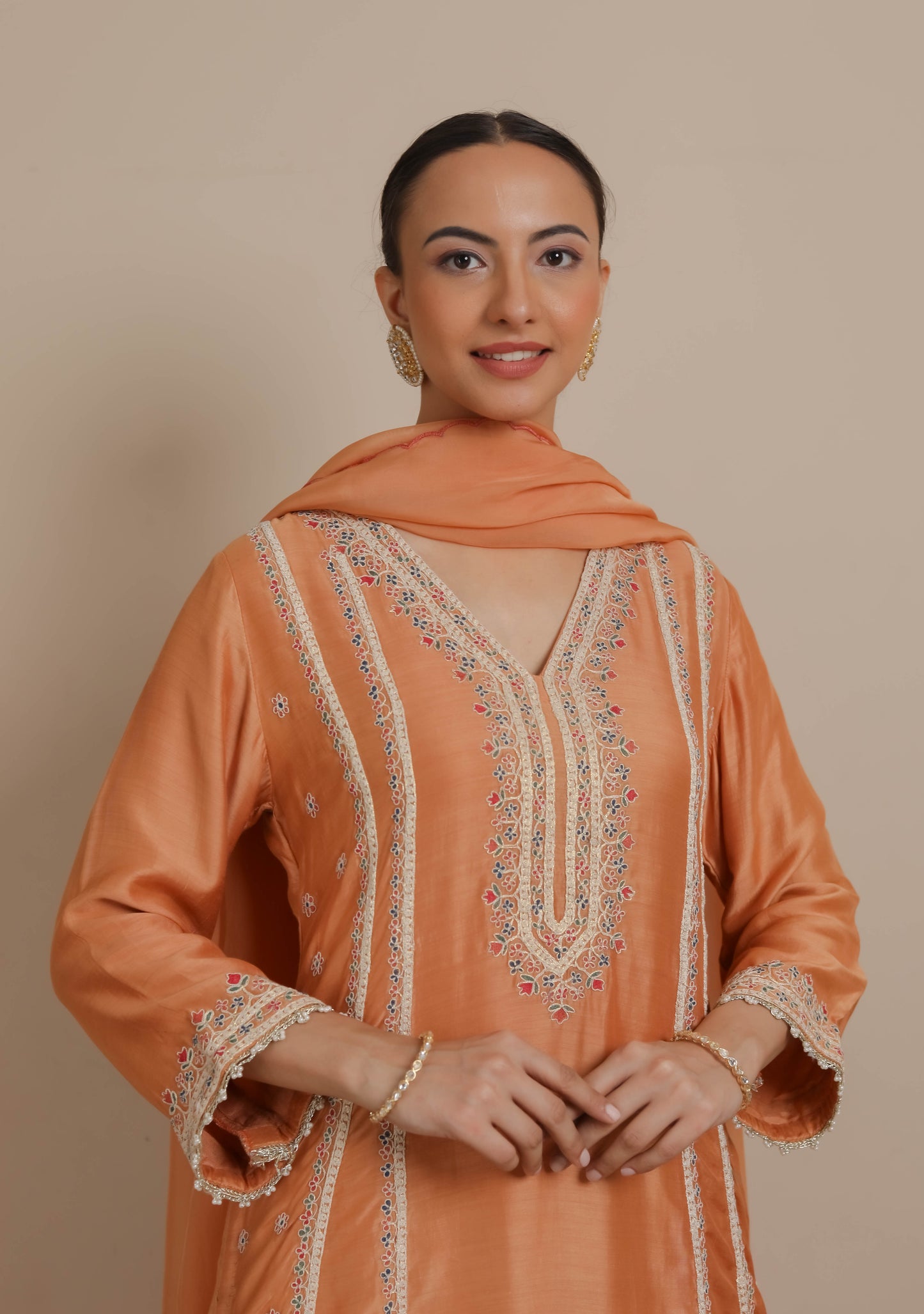 Orange Embroidered A-Line Kurta & Dhoti Set