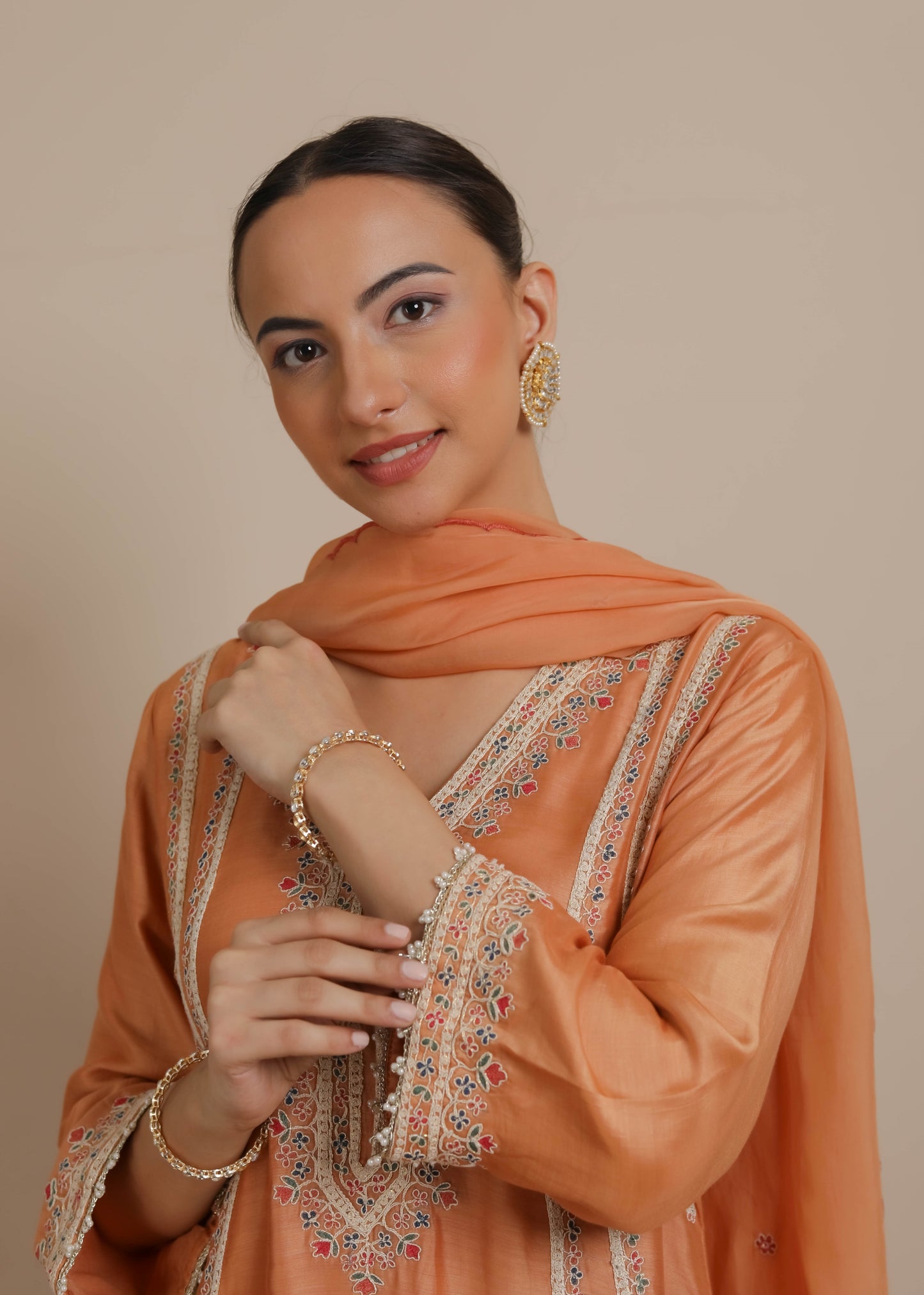 Orange Embroidered A-Line Kurta & Dhoti Set