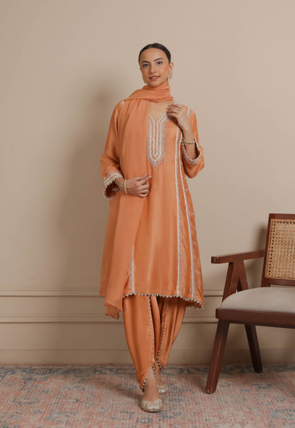 Orange Embroidered A-Line Kurta & Dhoti Set