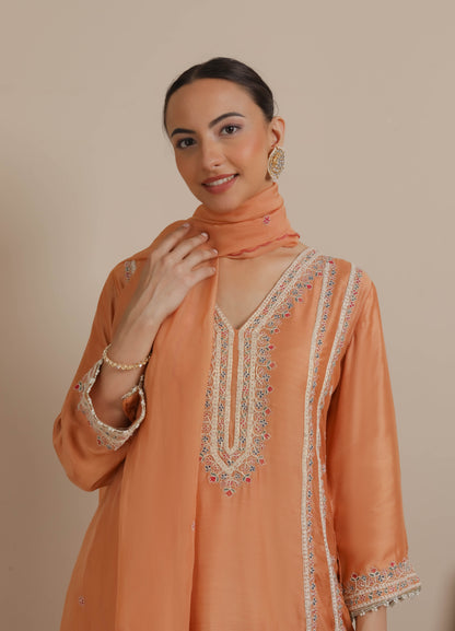 Orange Embroidered A-Line Kurta & Dhoti Set