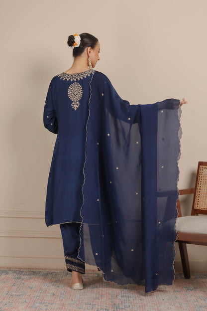 Midnight Blue Dori Embroidered A-Line Kurta & Salwar Set