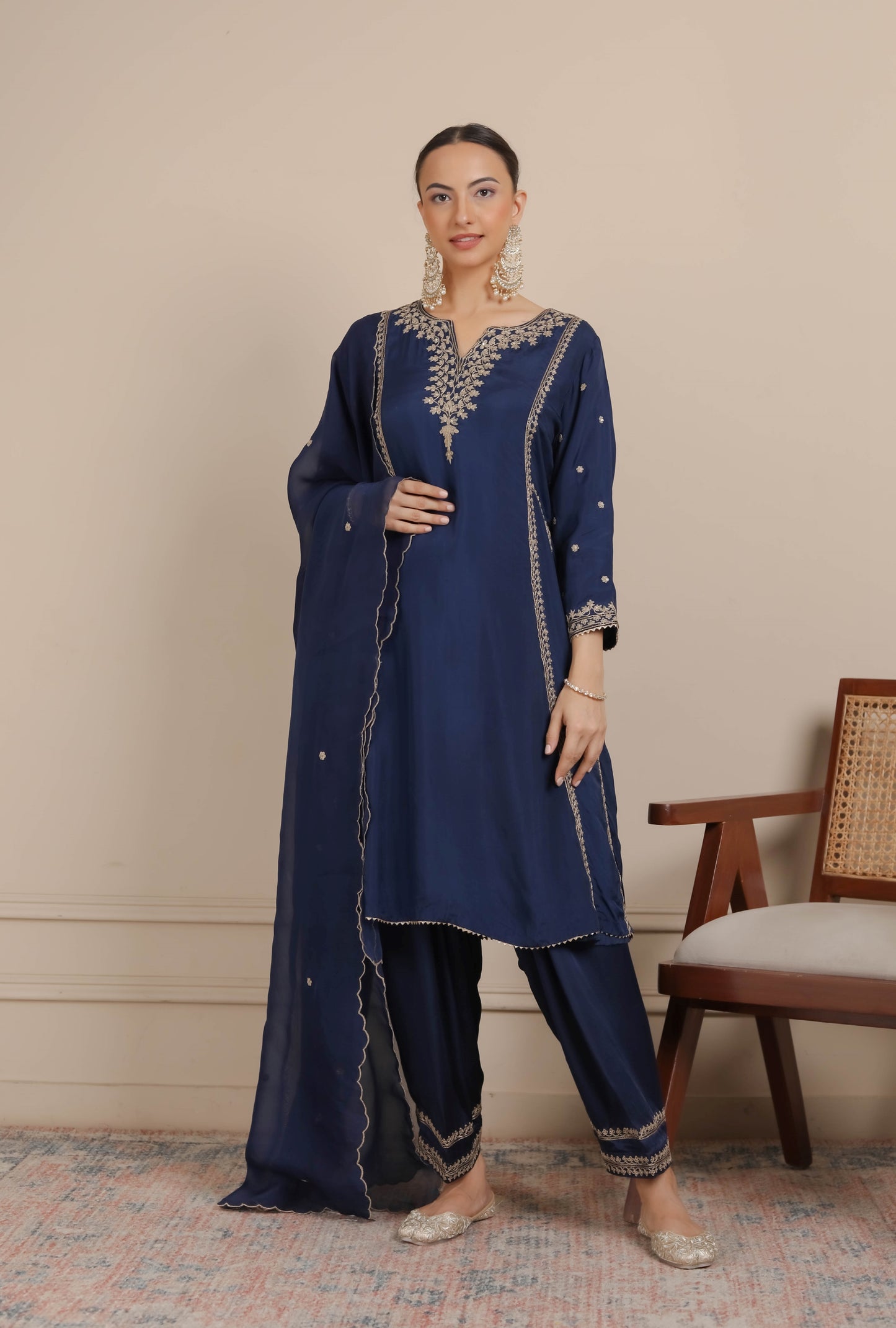 Midnight Blue Dori Embroidered A-Line Kurta & Salwar Set