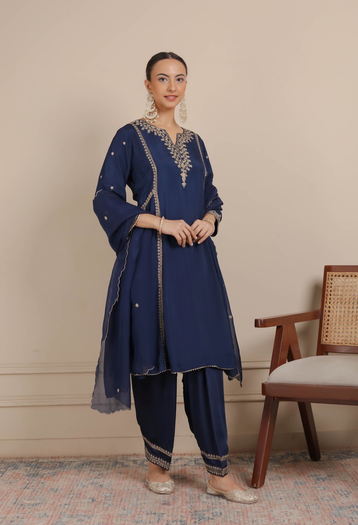 Midnight Blue Dori Embroidered A-Line Kurta & Salwar Set