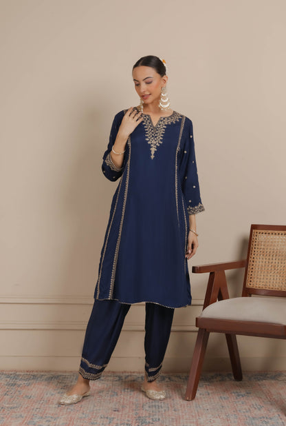 Midnight Blue Dori Embroidered A-Line Kurta & Salwar Set