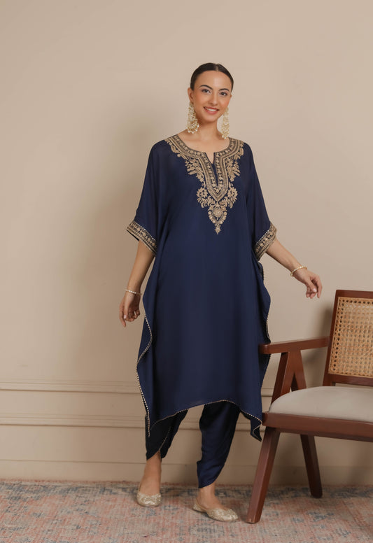 Midnight Blue Neck Embroidered Kaftan & Dhoti Set