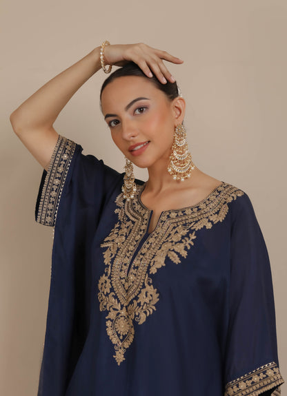 Midnight Blue Neck Embroidered Kaftan & Dhoti Set