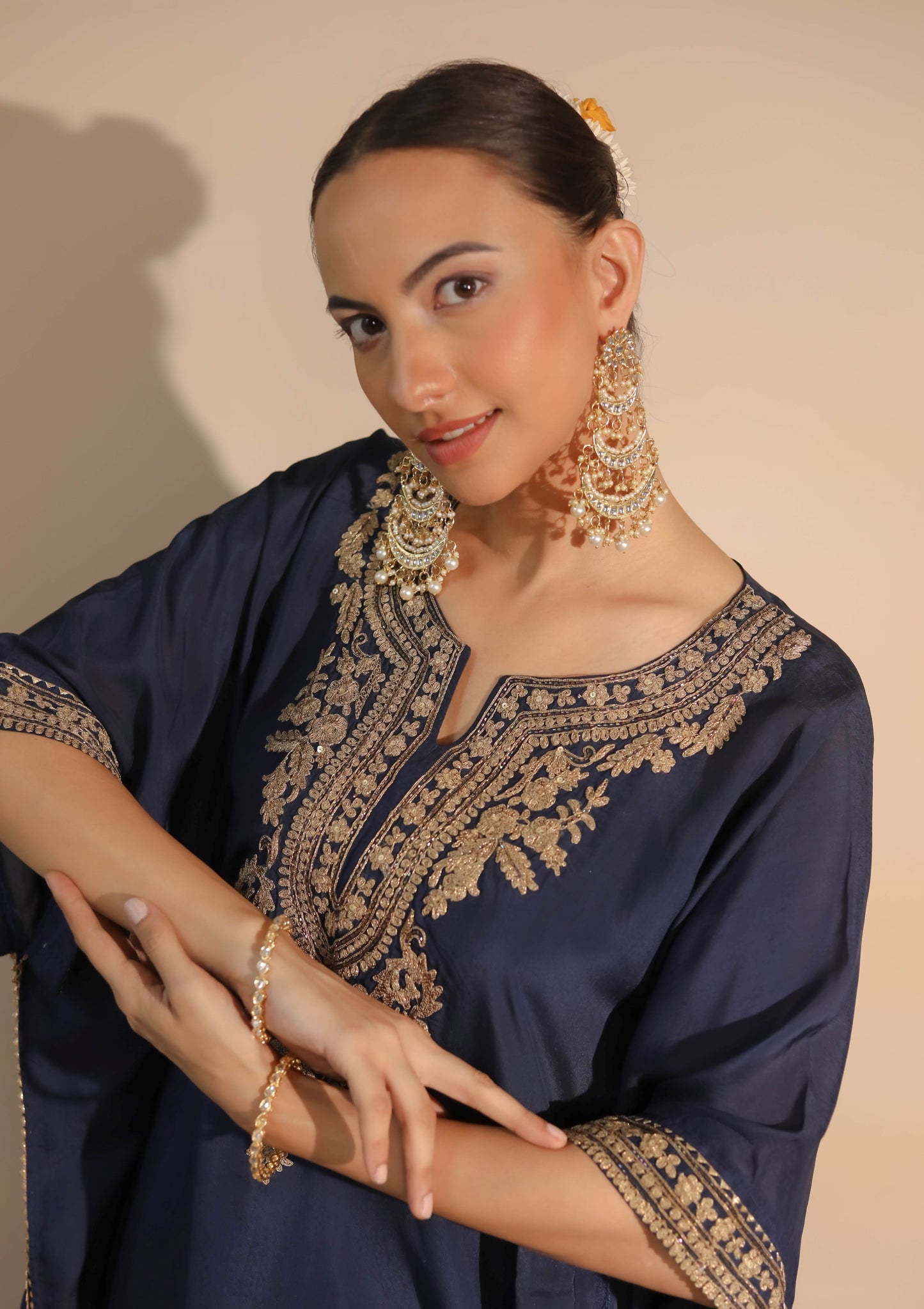 Midnight Blue Neck Embroidered Kaftan & Dhoti Set