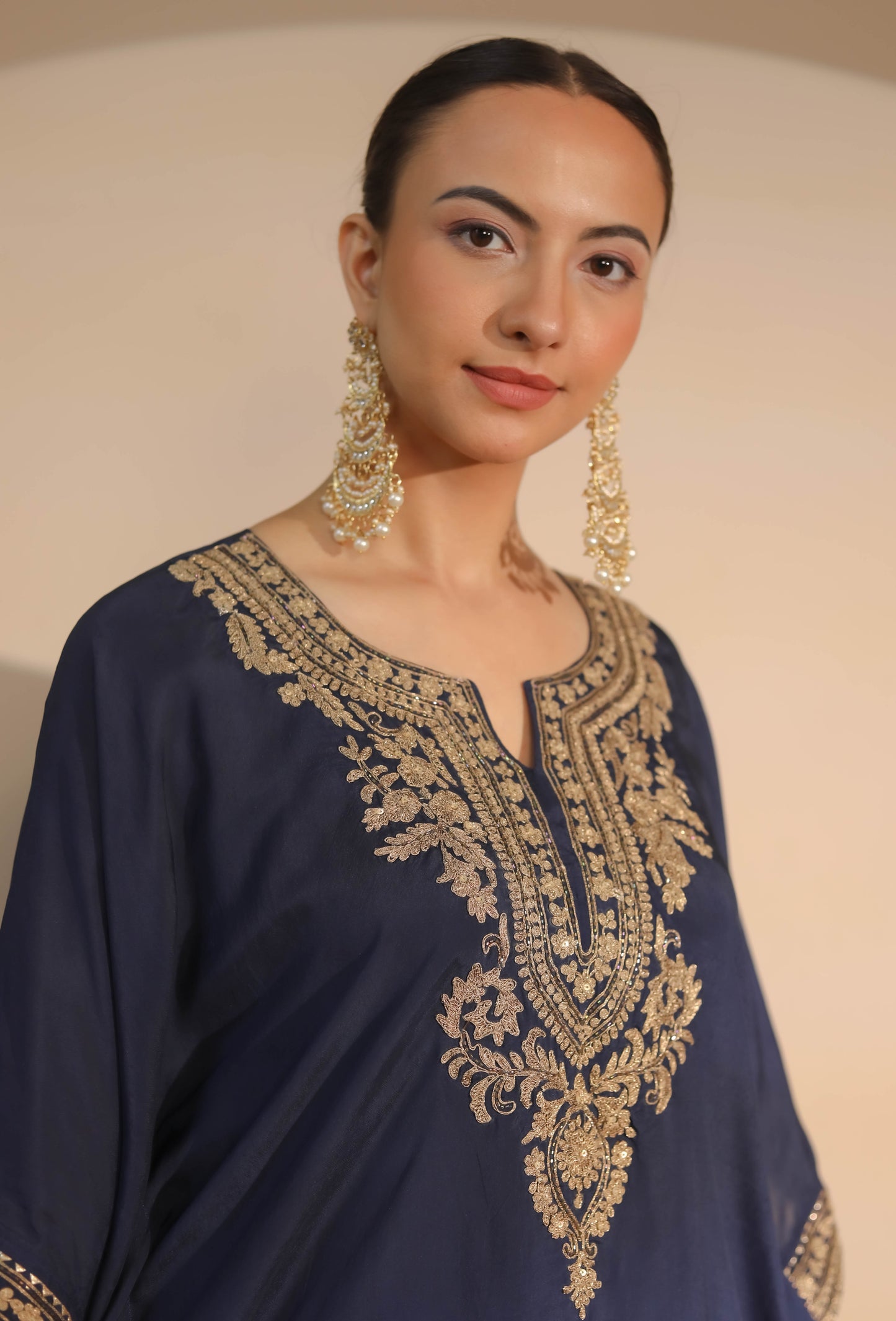 Midnight Blue Neck Embroidered Kaftan & Dhoti Set