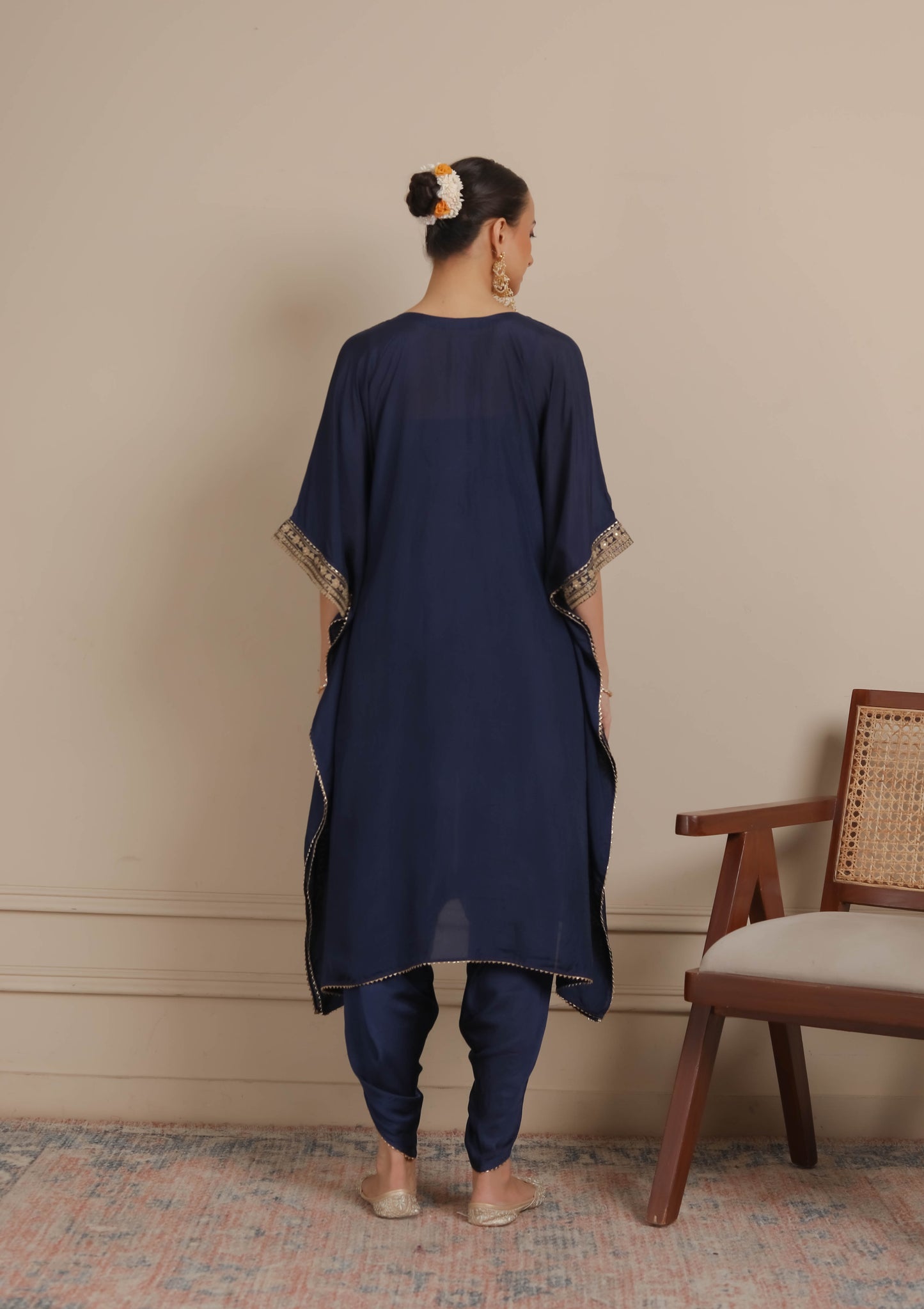 Midnight Blue Neck Embroidered Kaftan & Dhoti Set