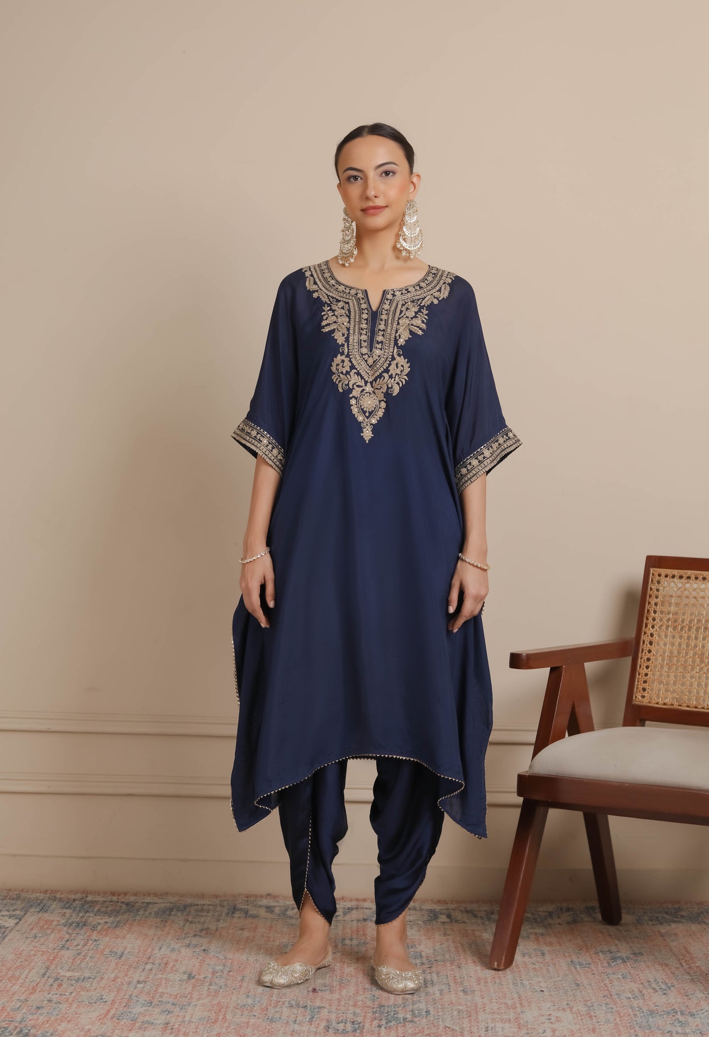 Midnight Blue Neck Embroidered Kaftan & Dhoti Set