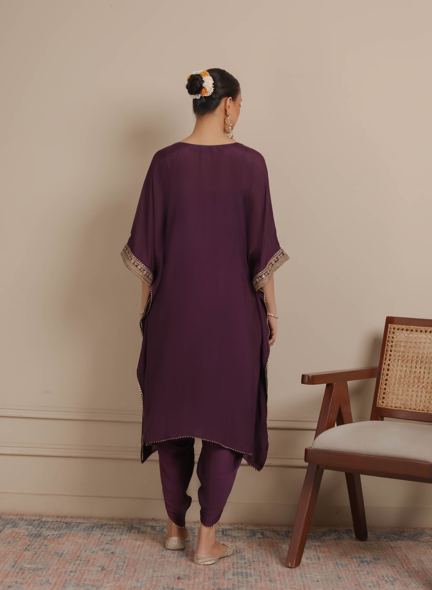 Purple Neck Embroidered Kaftan & Dhoti Set