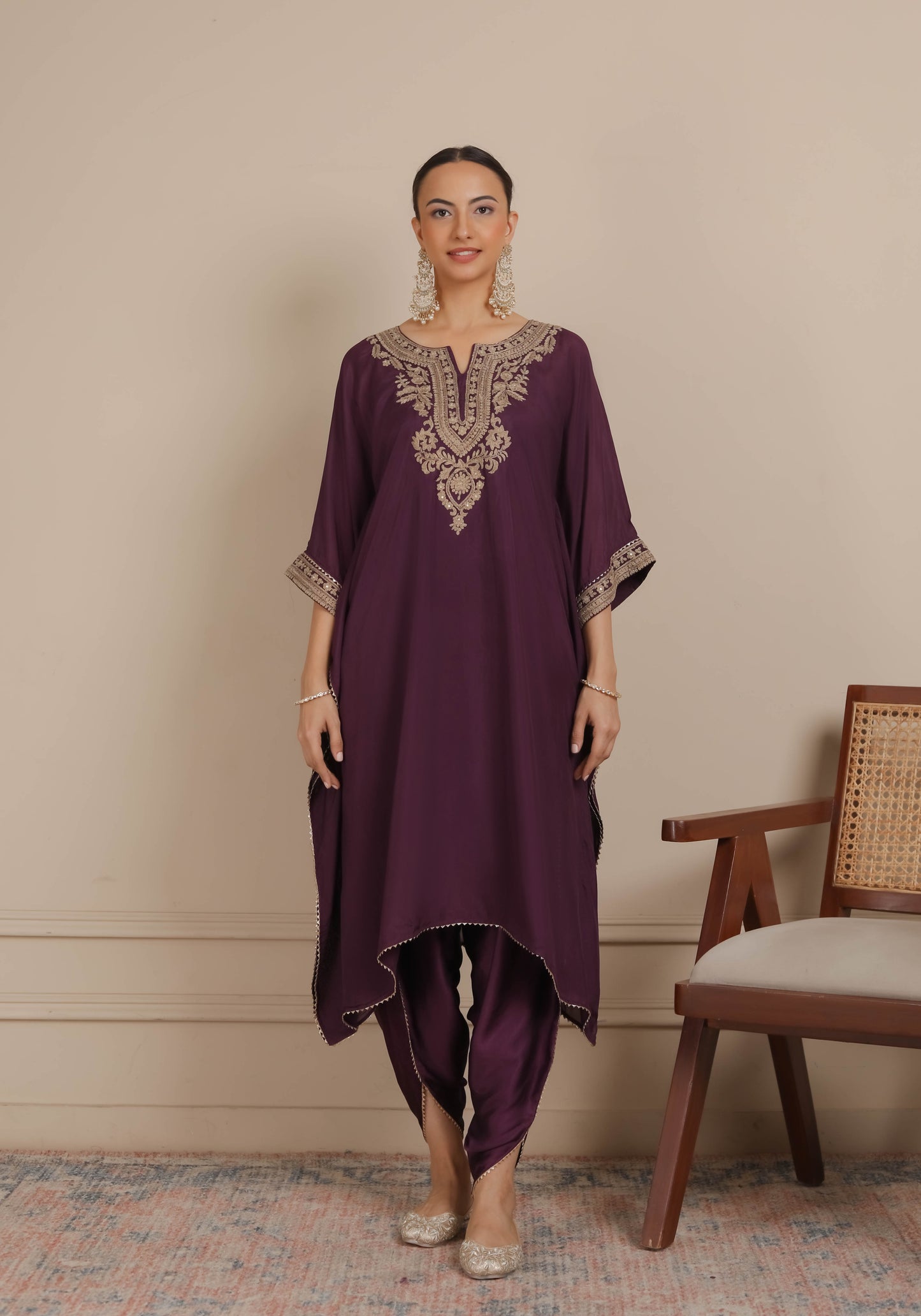 Purple Neck Embroidered Kaftan & Dhoti Set