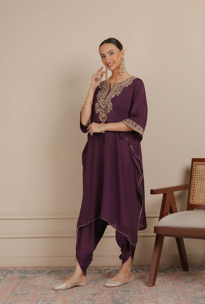 Purple Neck Embroidered Kaftan & Dhoti Set