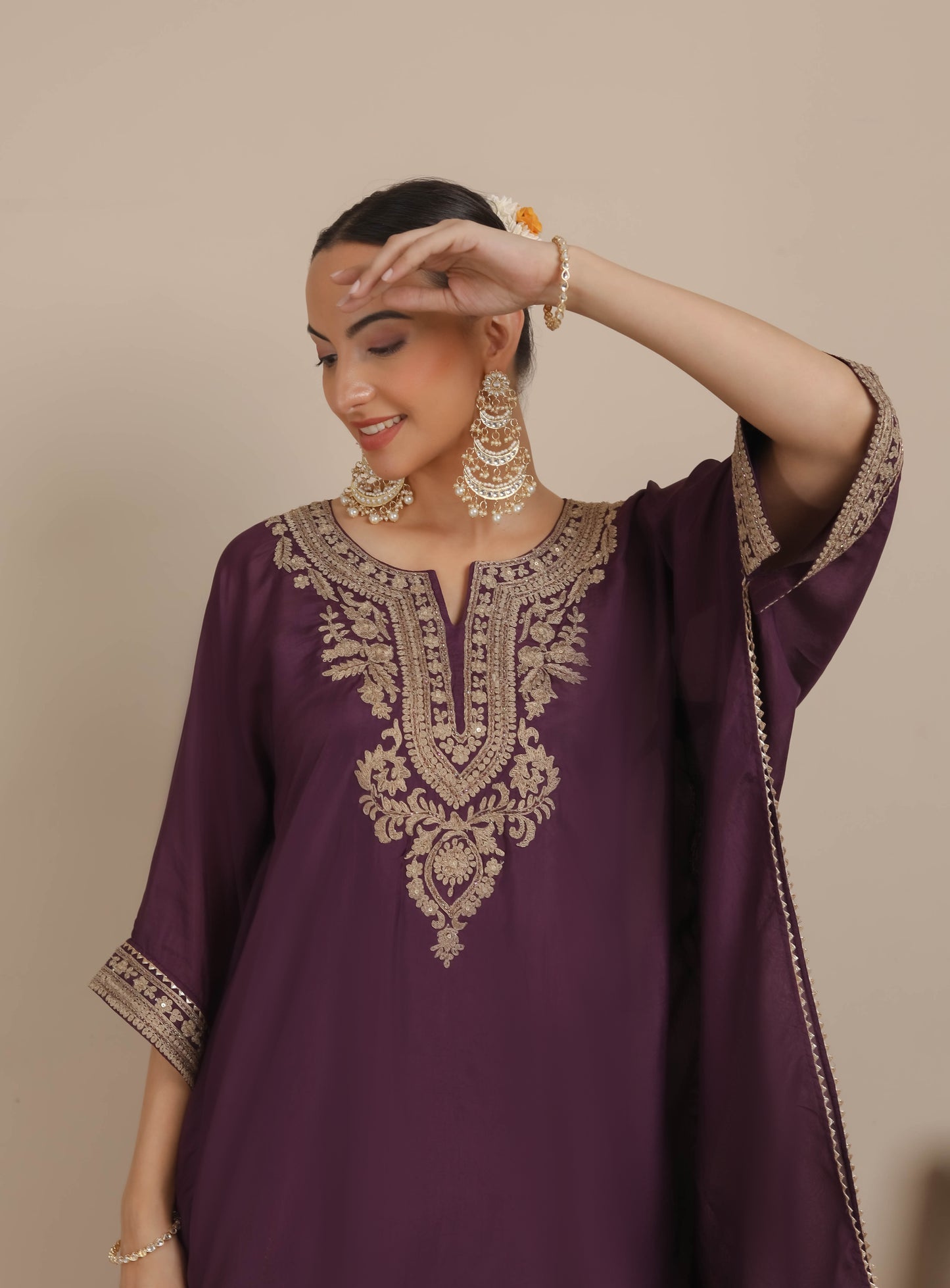 Purple Neck Embroidered Kaftan & Dhoti Set