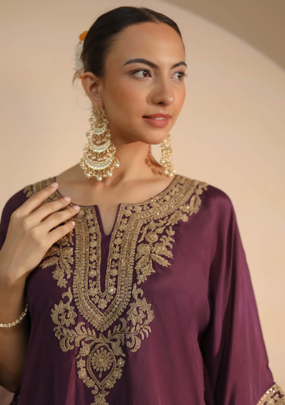 Purple Neck Embroidered Kaftan & Dhoti Set