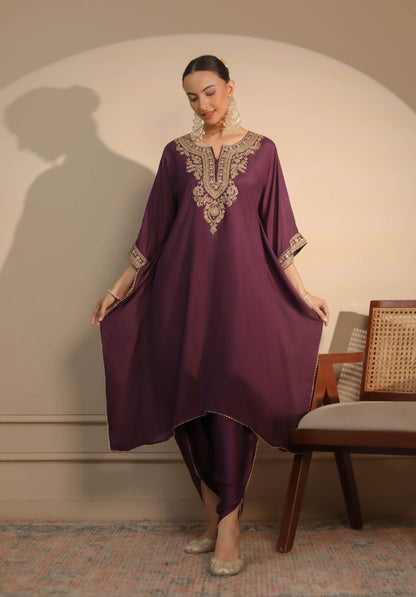 Purple Neck Embroidered Kaftan & Dhoti Set