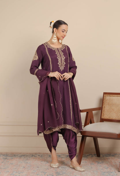 Purple Neck Embroidered Kurta & Dhoti Set