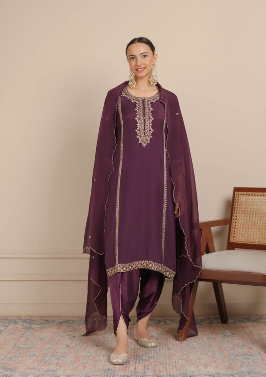 Purple Neck Embroidered Kurta & Dhoti Set