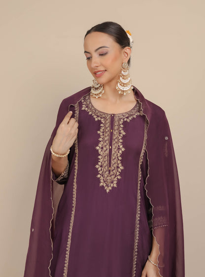 Purple Neck Embroidered Kurta & Dhoti Set