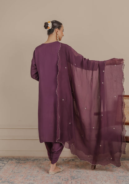 Purple Neck Embroidered Kurta & Dhoti Set