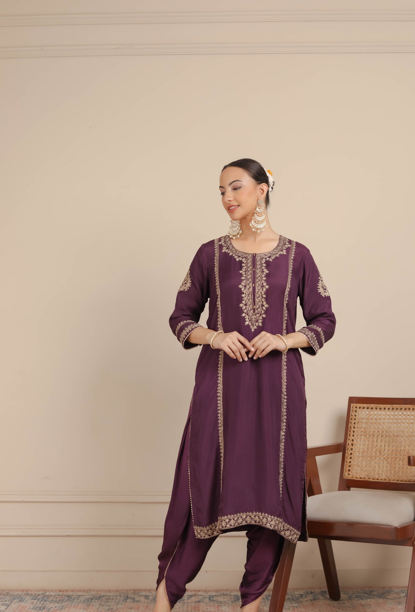 Purple Neck Embroidered Kurta & Dhoti Set