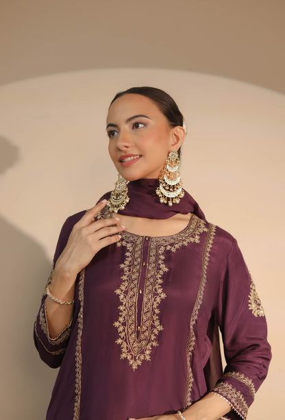 Purple Neck Embroidered Kurta & Dhoti Set