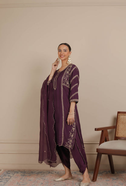 Purple Dori Embroidered Kurta & Dhoti Set