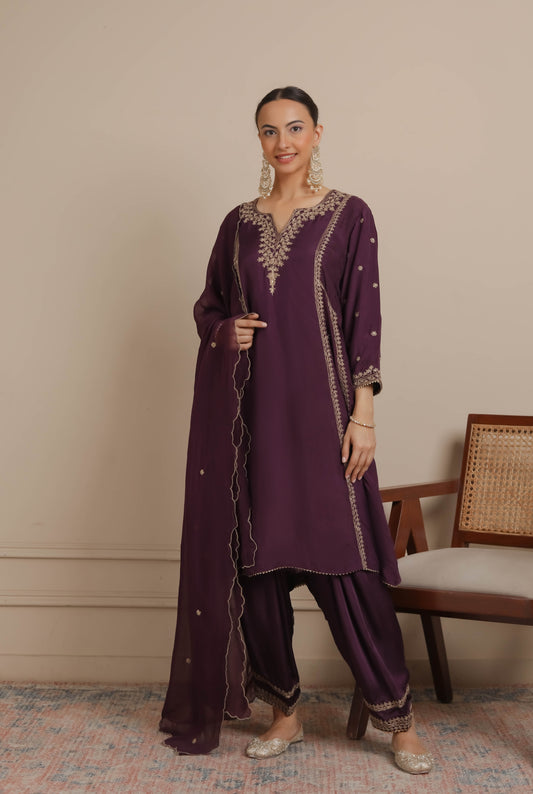 Purple Dori Embroidered A-Line Kurta & Salwar Set