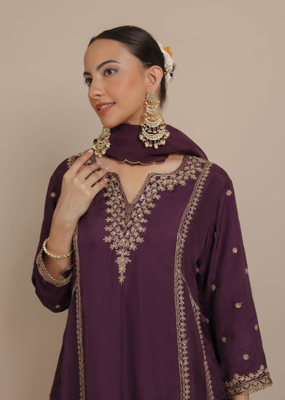 Purple Dori Embroidered A-Line Kurta & Salwar Set