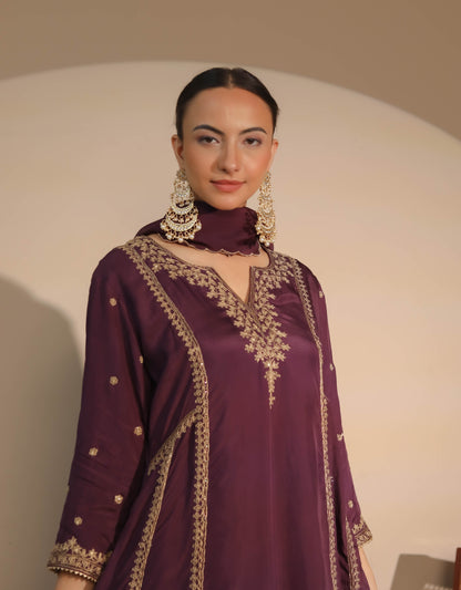 Purple Dori Embroidered A-Line Kurta & Salwar Set