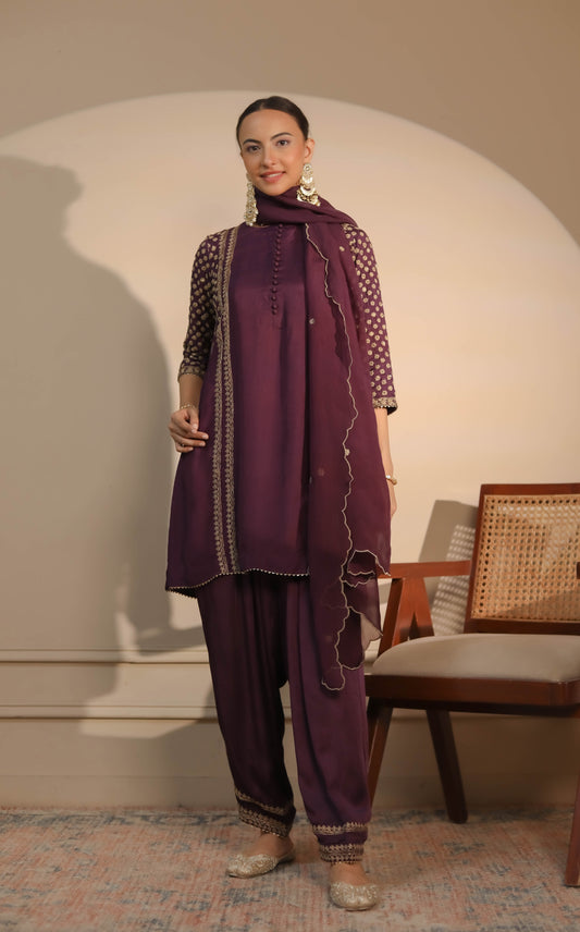 Purple Yoke Embroidered Short Kurta & Salwar Set