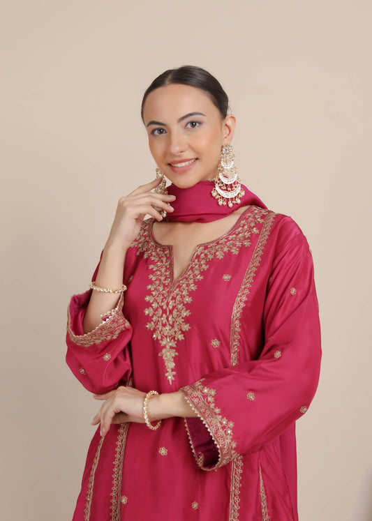 Magenta Pink Dori Embroidered A-Line Kurta & Salwar Set