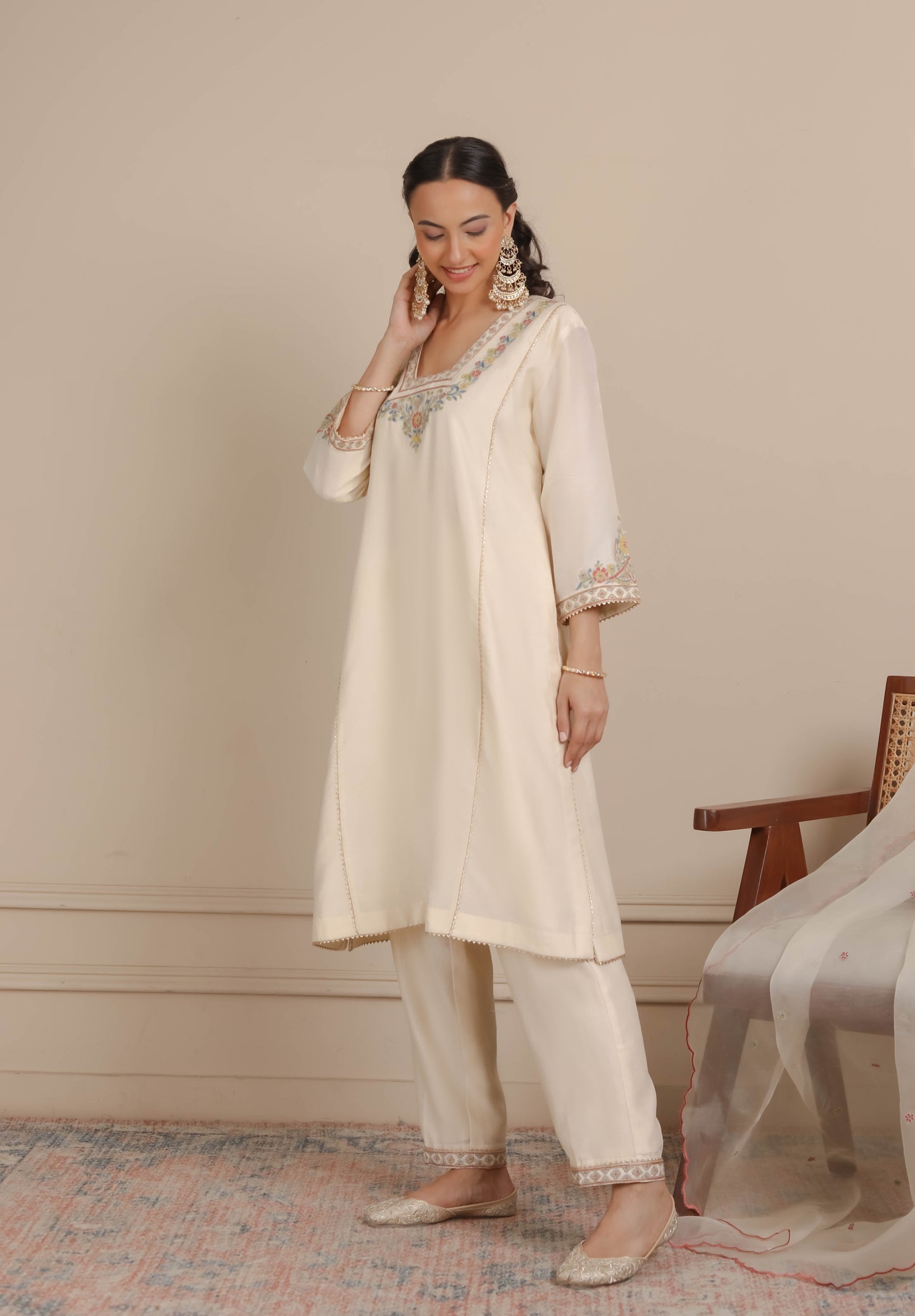 Ivory Glass Neck A-Line Kurta & Pant Set