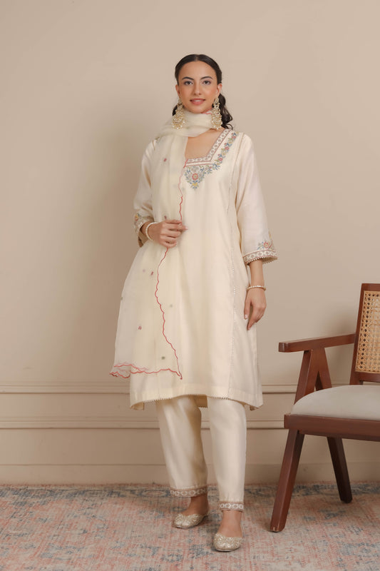 Ivory Glass Neck A-Line Kurta & Pant Set