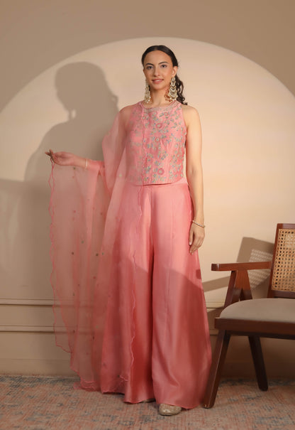 Pink Corset, Flaired Pants & Dupatta Set