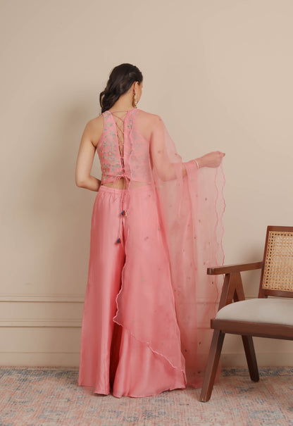 Pink Corset, Flaired Pants & Dupatta Set