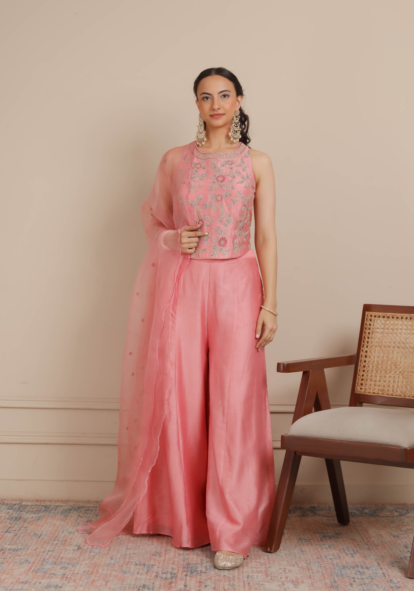 Pink Corset, Flaired Pants & Dupatta Set