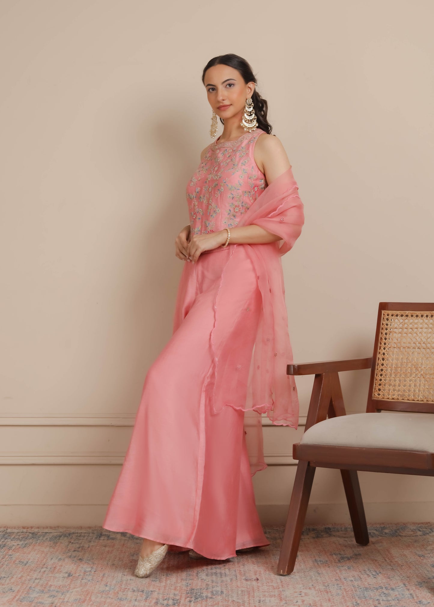 Pink Corset, Flaired Pants & Dupatta Set