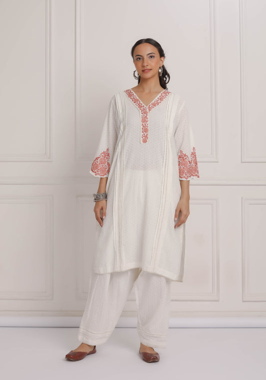 Off White Embroidered Kurta & Pant Salwar Set- Peach