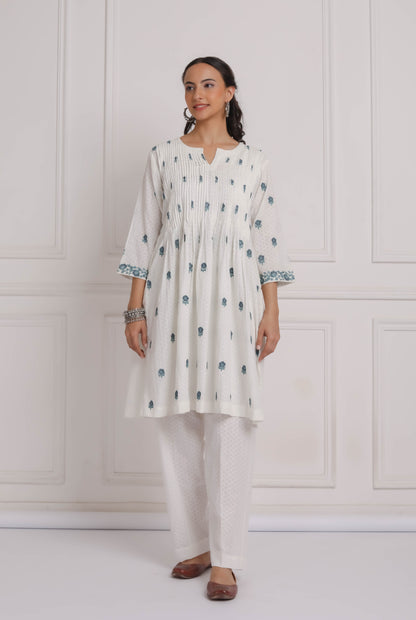 Off White Embroidered Cotton Kurta & Pant Set- Blue