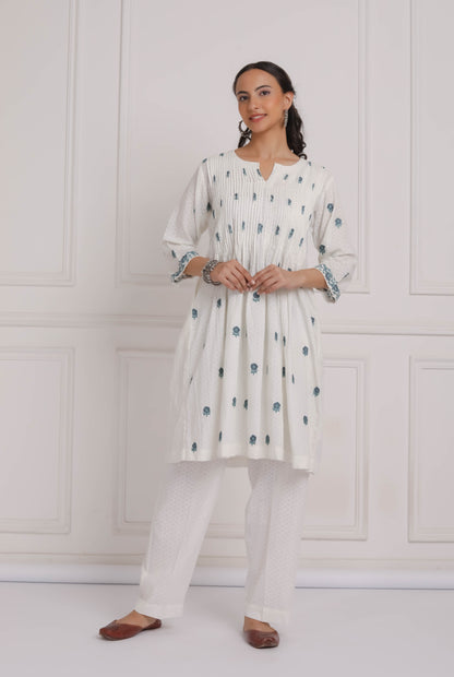 Off White Embroidered Cotton Kurta & Pant Set- Blue