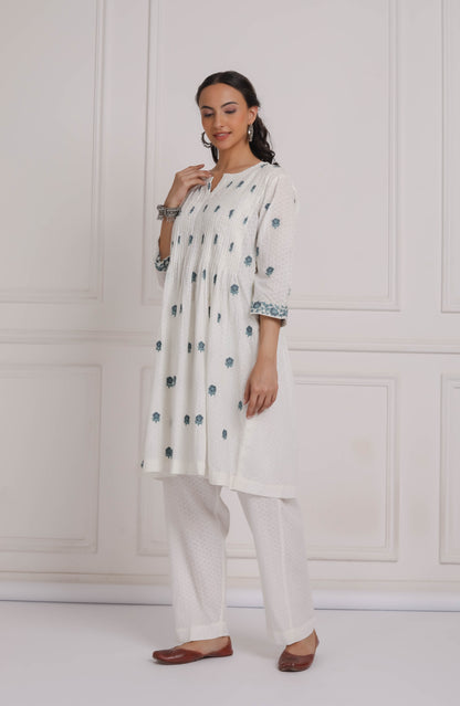 Off White Embroidered Cotton Kurta & Pant Set- Blue